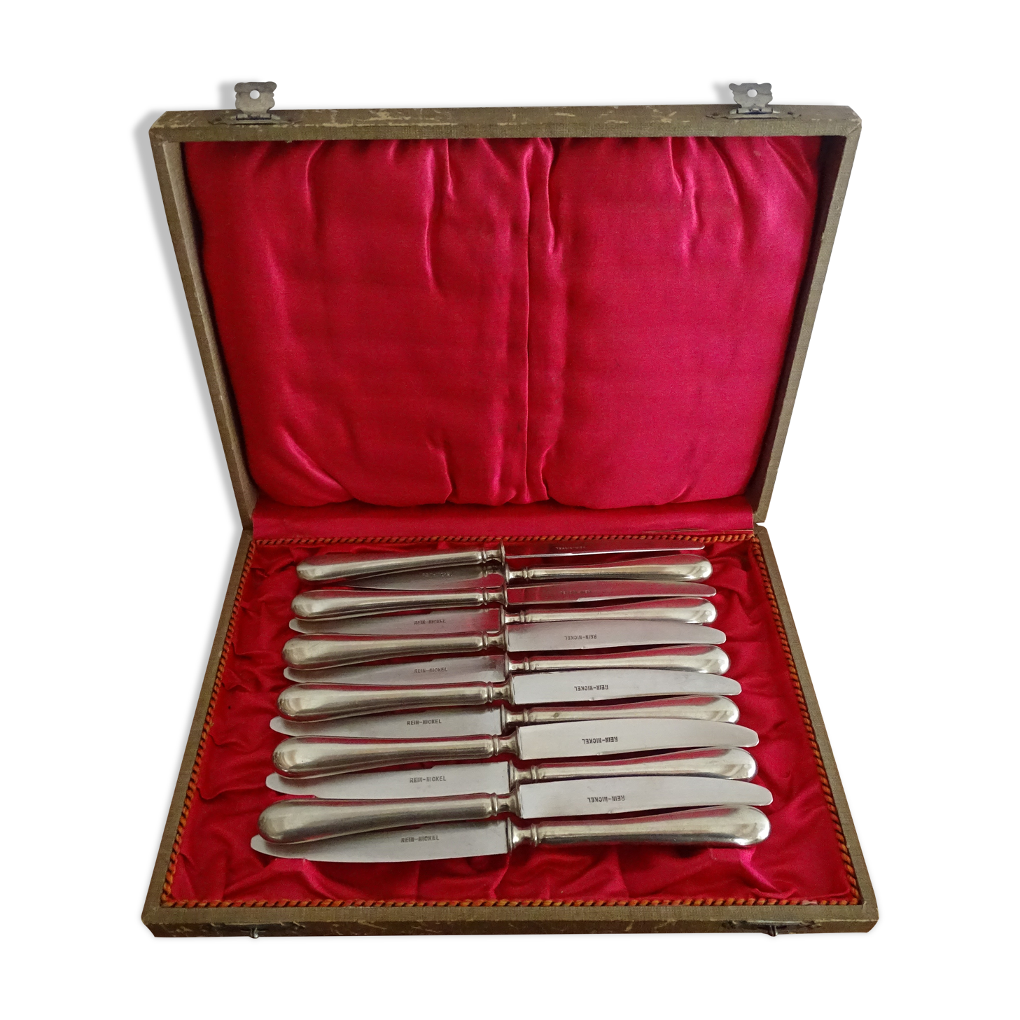 12 Alpacca Silver Metal Art Deco dessert knives in case