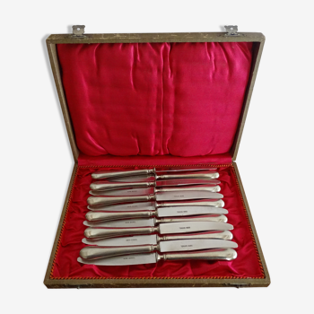 12 Alpacca Silver Metal Art Deco dessert knives in case