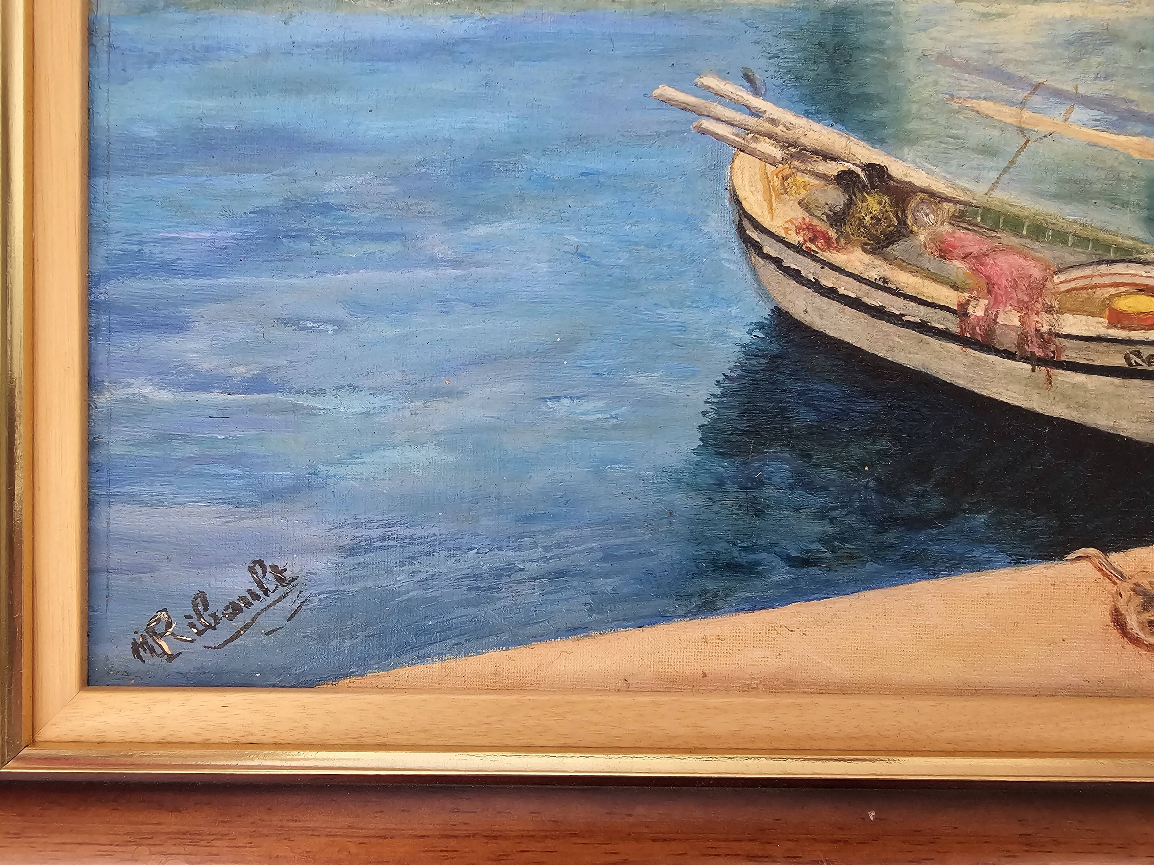 Oil Painting on Panel Mediterranean Port (Saint Tropez) signed Ribault
