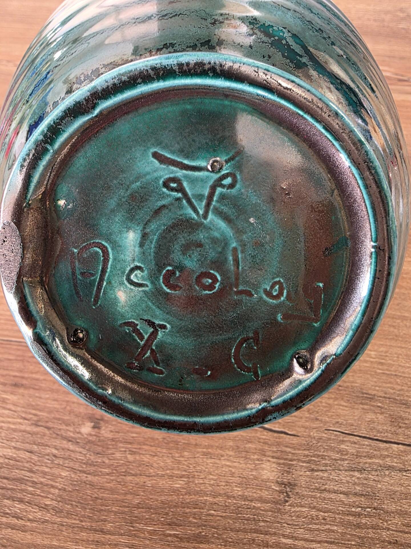 Vintage ceramic basket Accolay turquoise Signed Bull's Head X.C