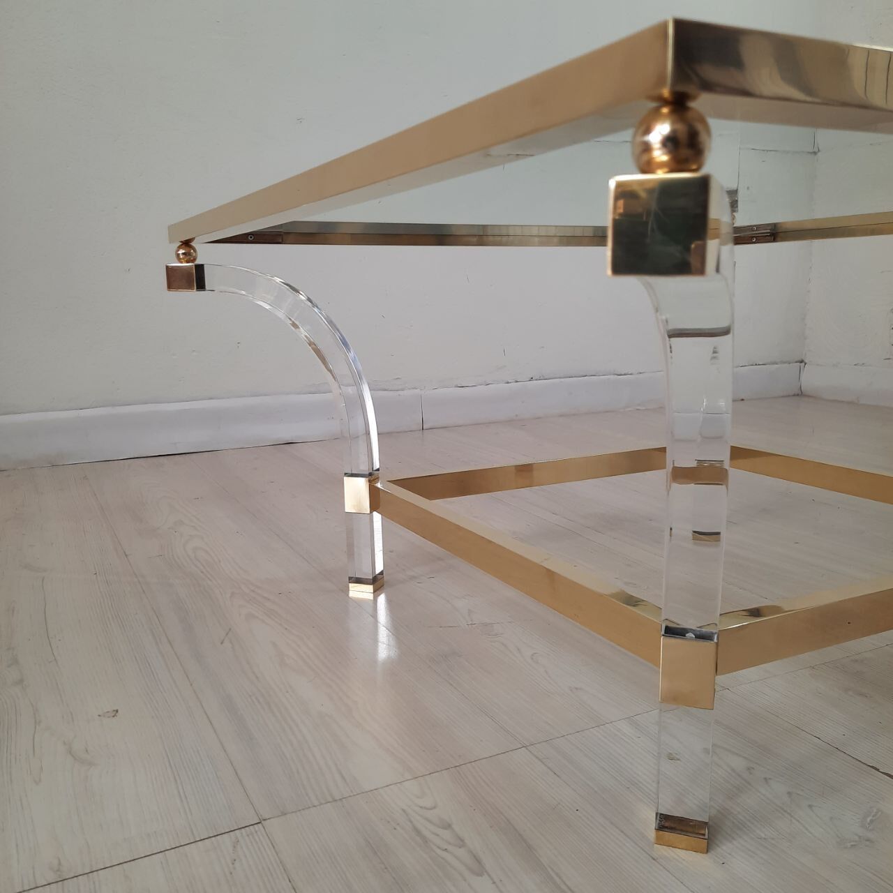 Square coffee table, lucite, brass and glass, Hollywood Regency