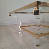 Table basse carrée en lucite, laiton et verre, Hollywood Regency