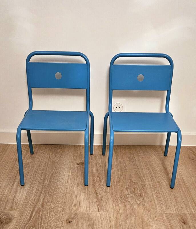 Pair of vintage blue metal school chairs – 1960s