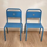 Pair of vintage blue metal school chairs – 1960s