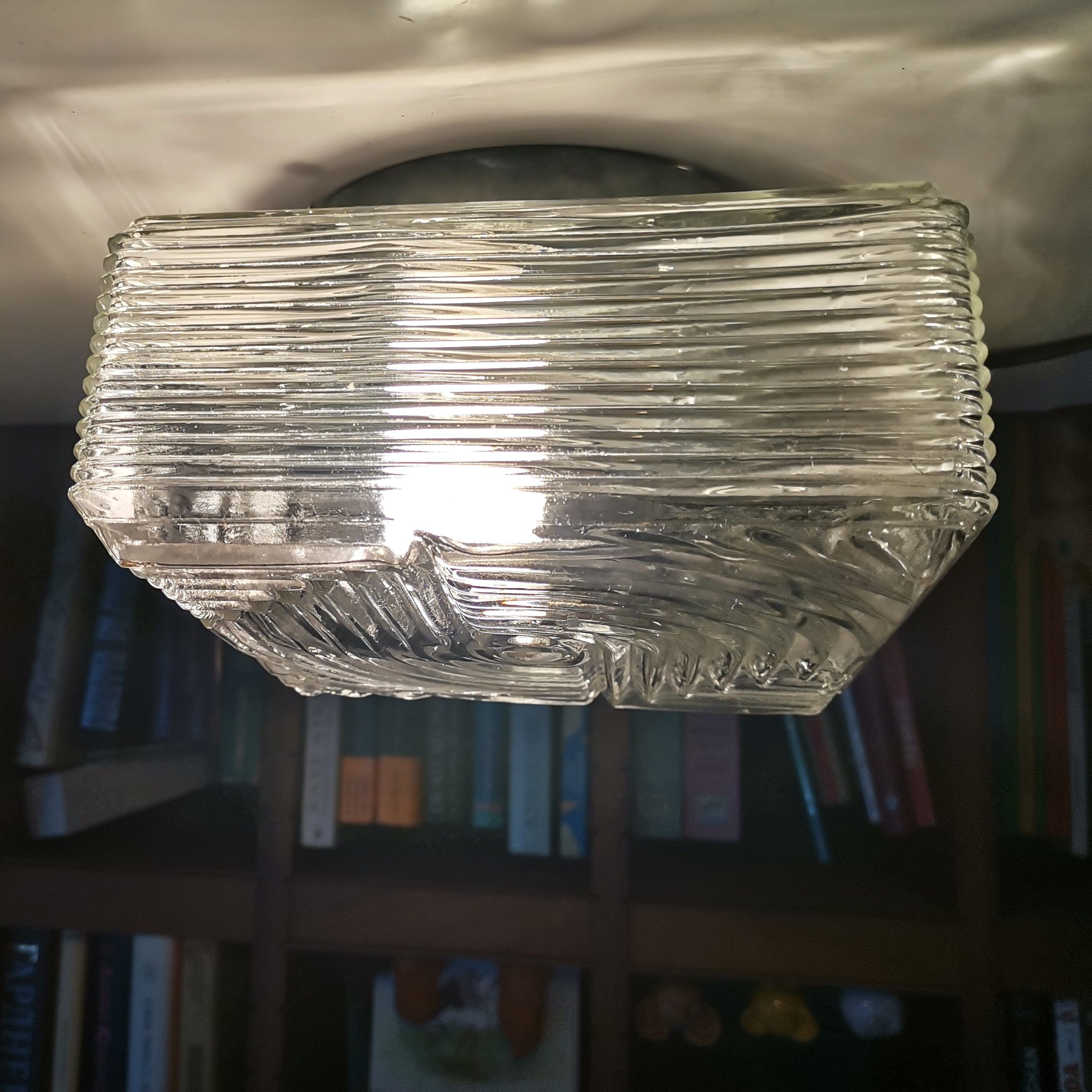 Square mid century clear ribbed glass flush mount light fixture lamp 1960s