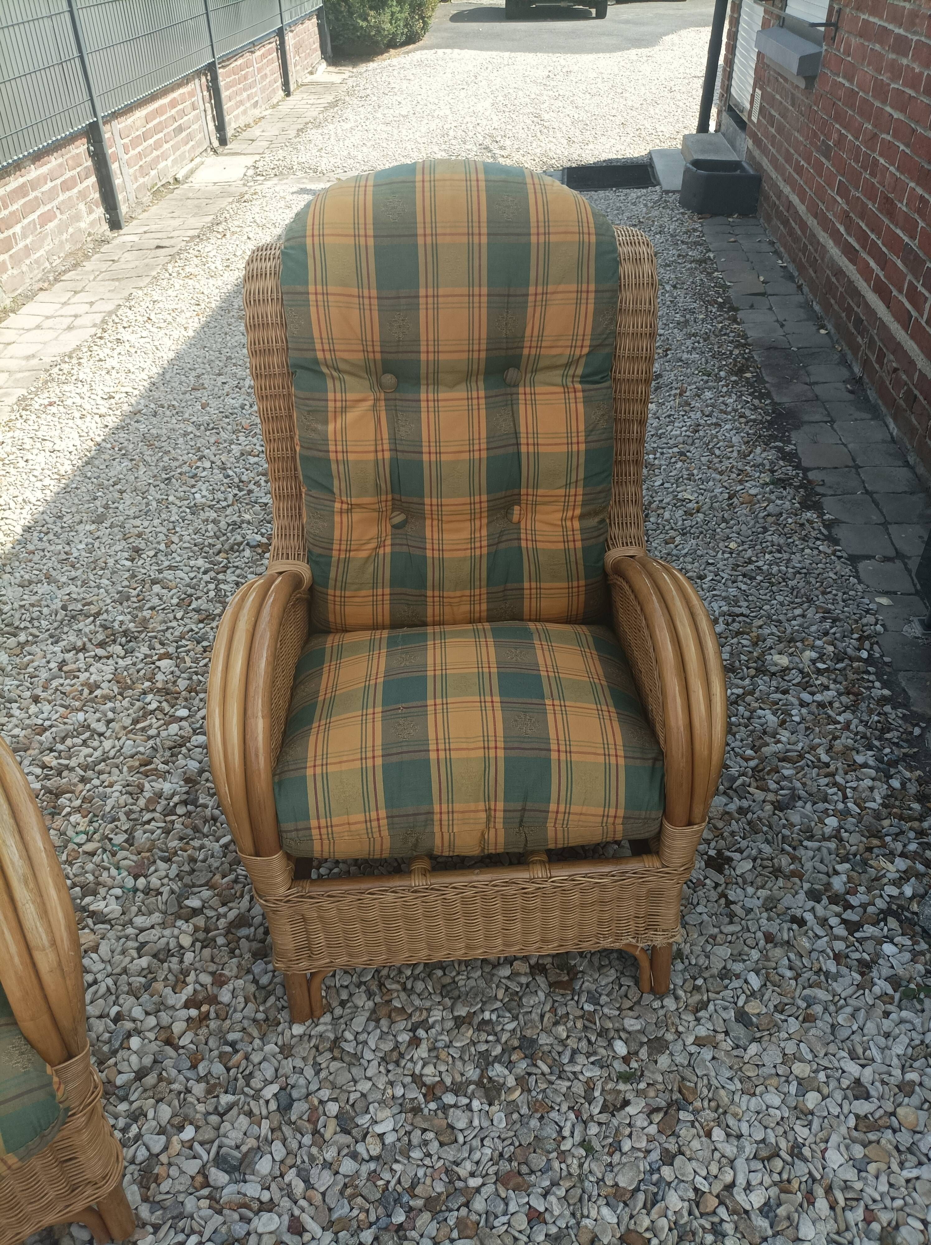 Pair of old armchairs wicker rattan & foot rest vintage year 60