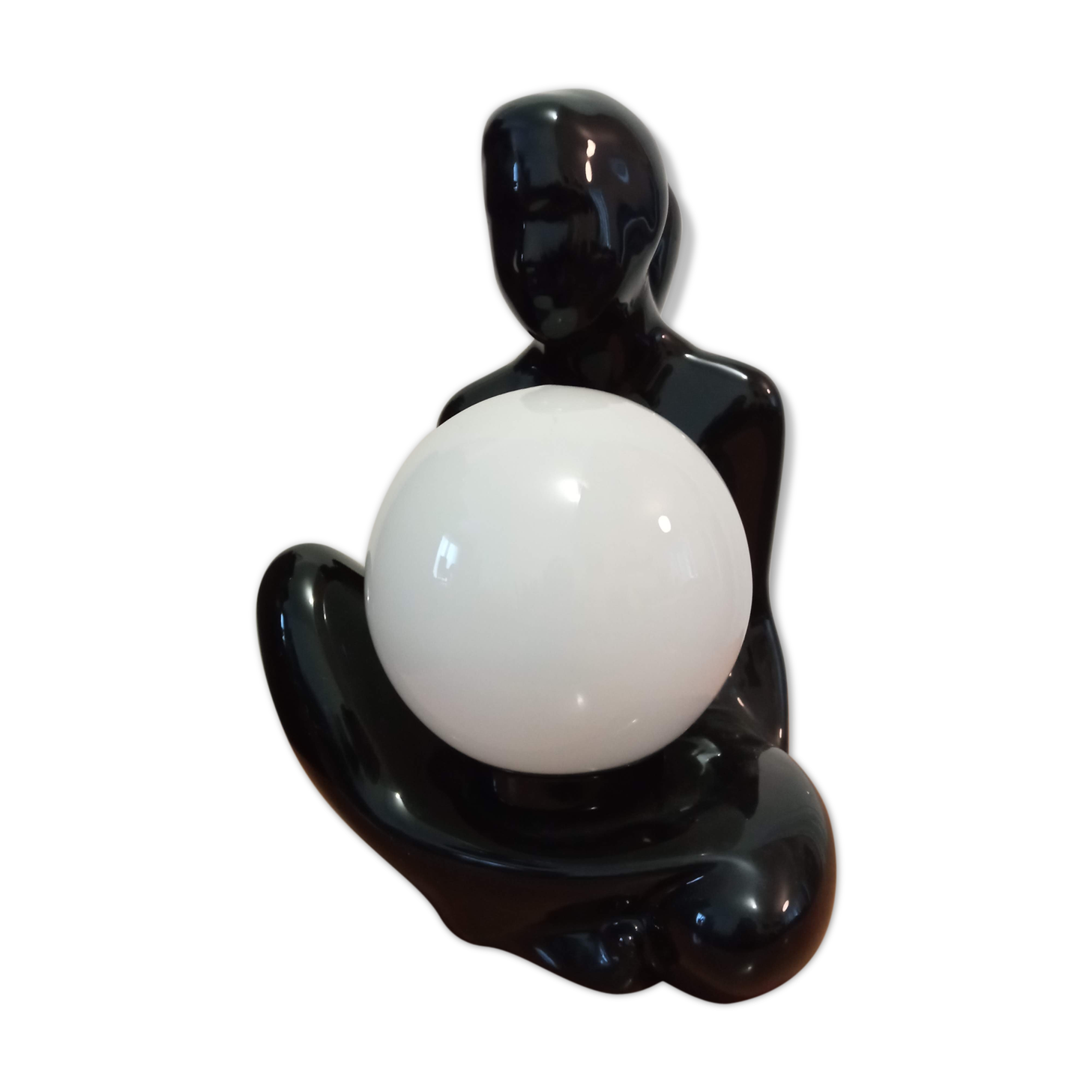 Lamp black ceramic and opaline globe circa 1970