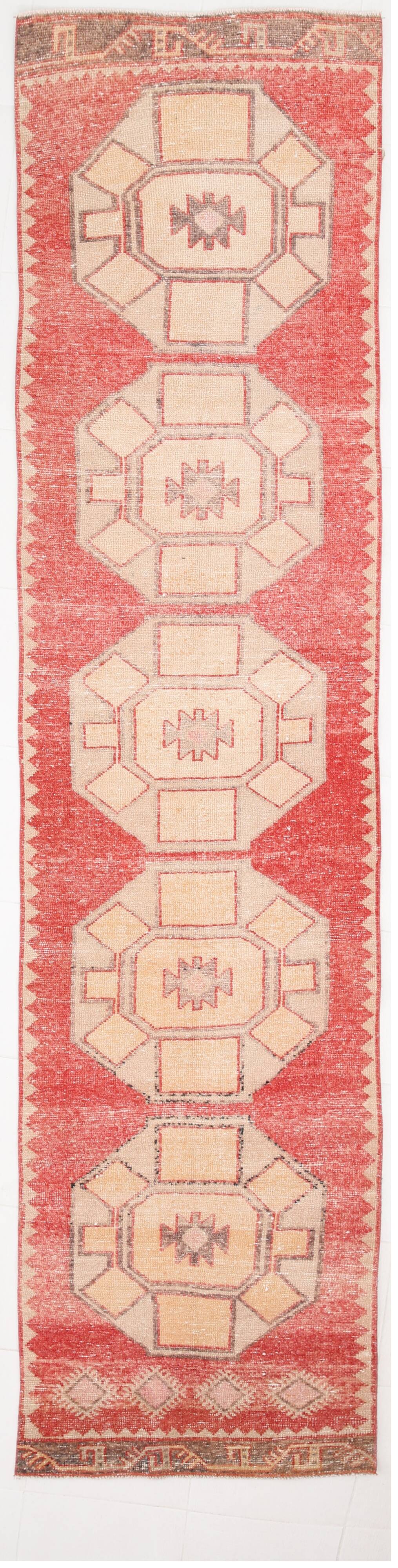 Turkish Red & Cream Oriental Vintage Runner Ruıg, 87x379Cm