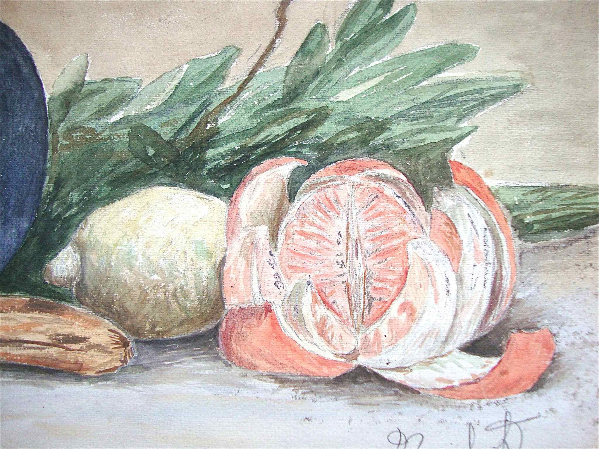 Ancient fruit watercolor and blue pitcher