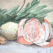 Ancient fruit watercolor and blue pitcher