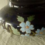 Centerpiece vase in blue earthenware from the oven with Sarreguemines enameled decor