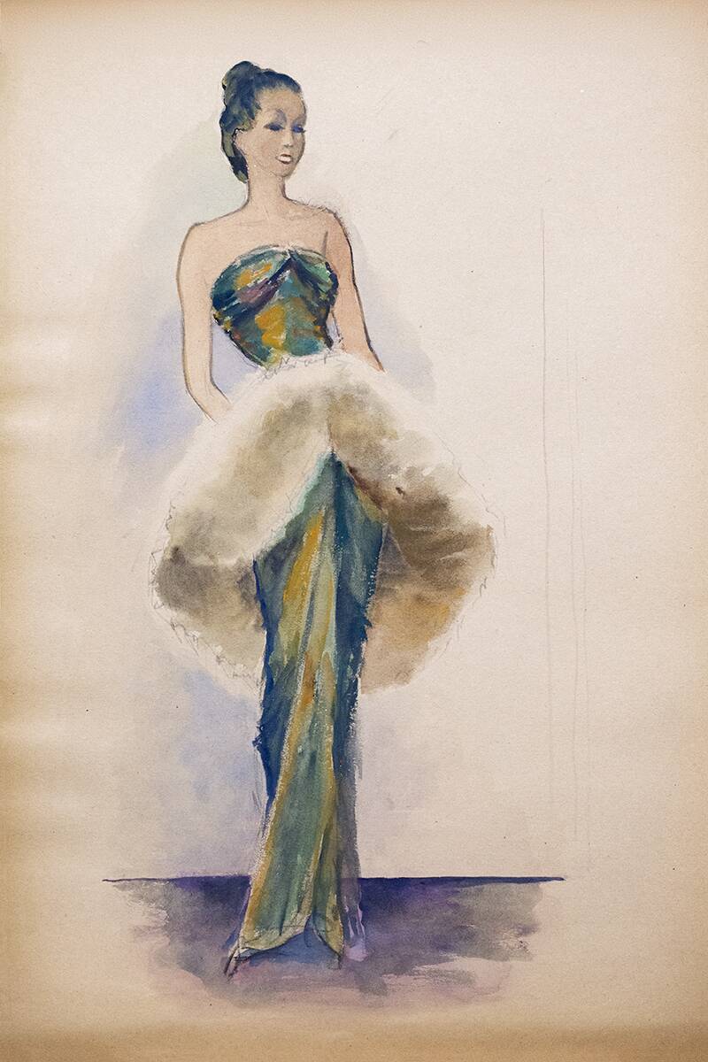 Fashion sketches: Woman in evening dress - Early 20th century Charcoal & Watercolor