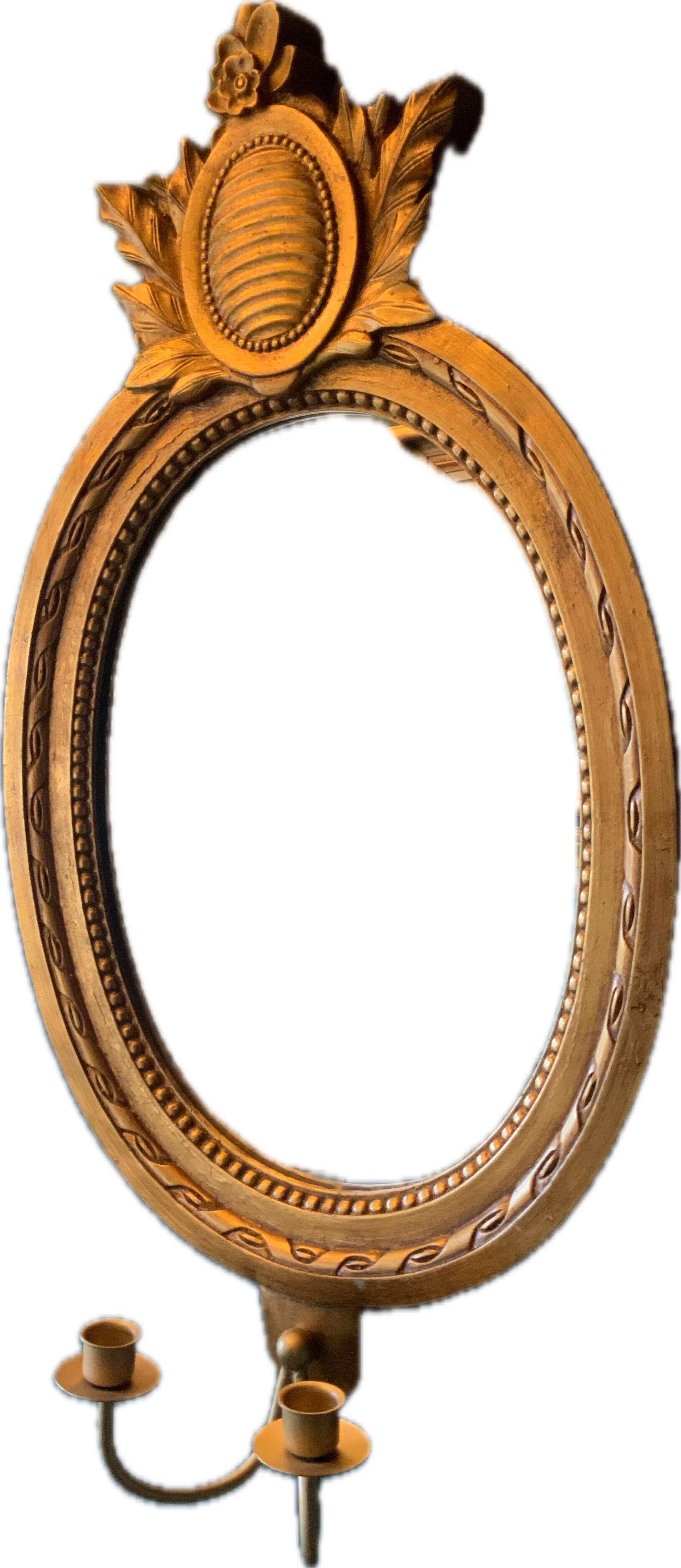 Vintage Swedish Rococo Style Wall Mirror in Gold frame with 2 candle sticks 50s