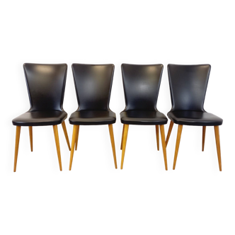 Suite de 4 chaises Baumann Essor vintage en bois et skai des années 60