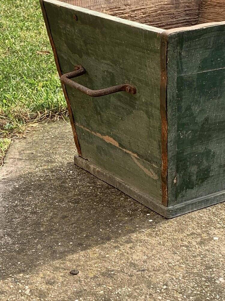 Large vintage 1940s forest green pine box, rustic utilitarian style.