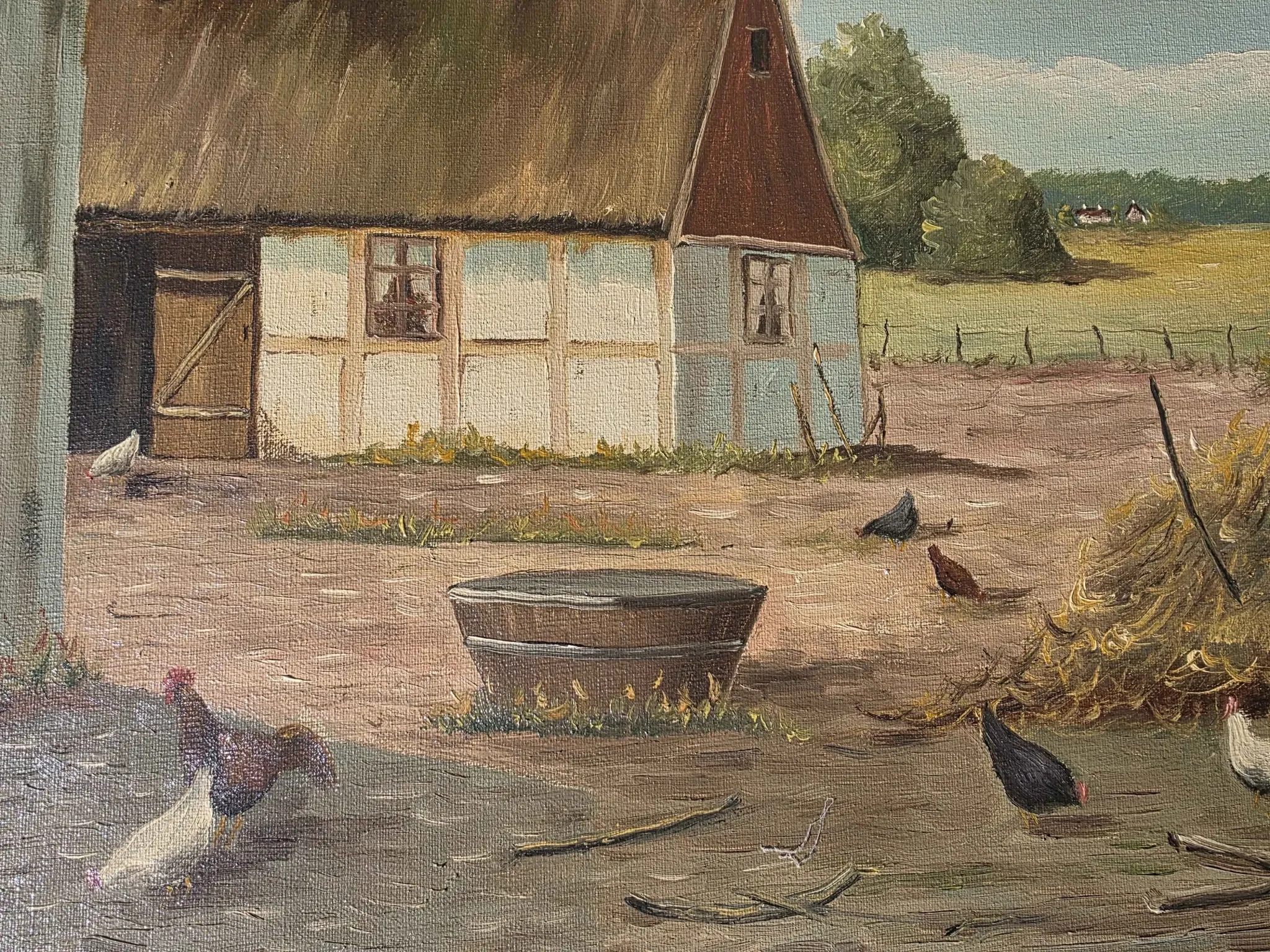 Vintage Oil Painting - Sunlit Farmyard with Chickens