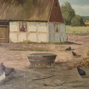 Vintage Oil Painting - Sunlit Farmyard with Chickens