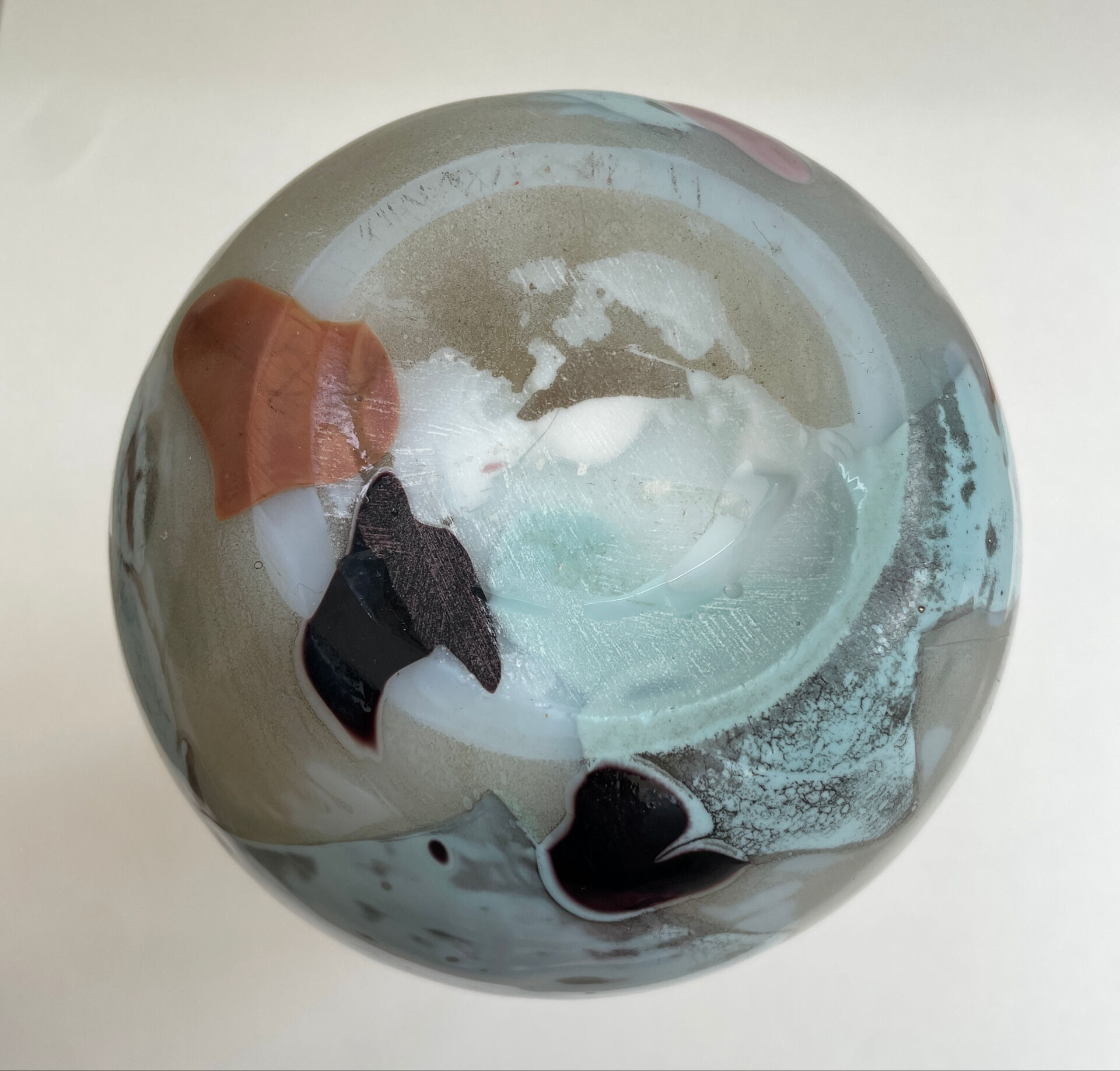 Blown opaline glass vase with coloured inclusions