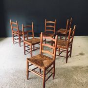 Low rustic ladder back dining chairs in oak and rush, Belgium, 1950s, set of 6.