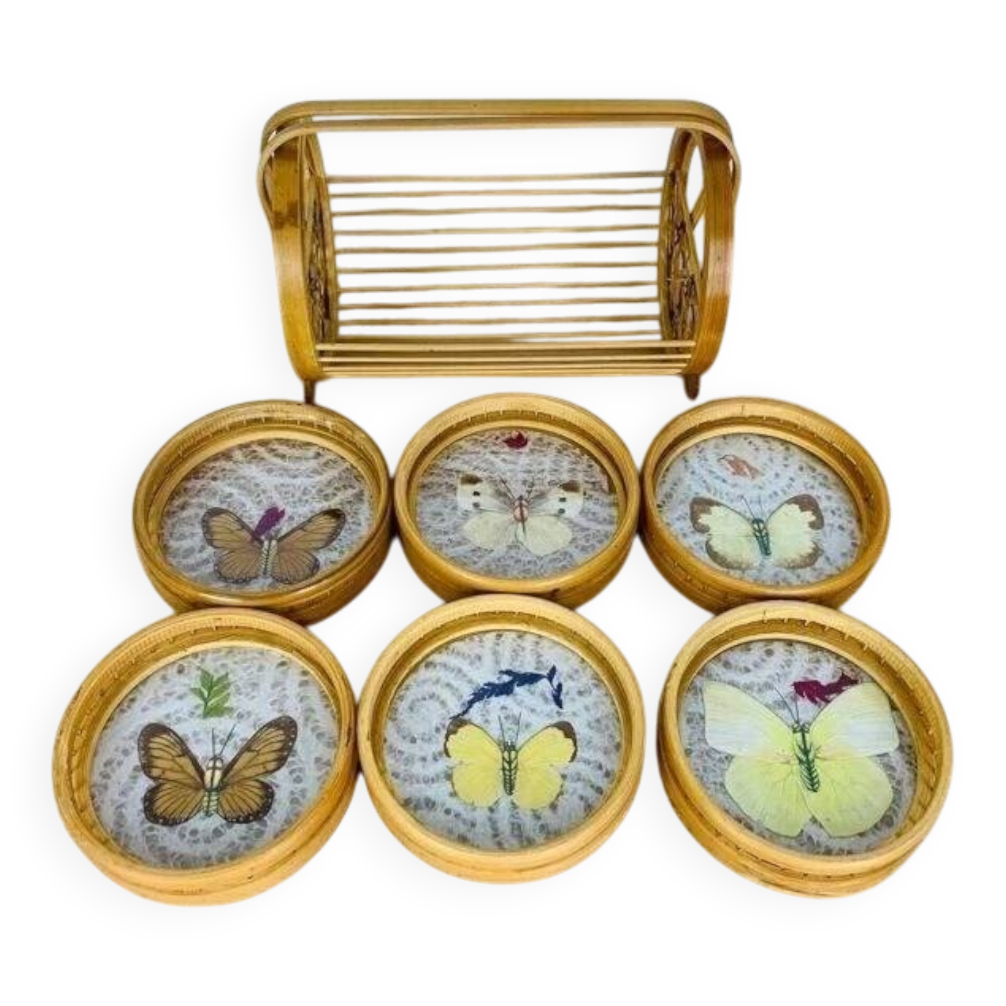 6 rattan coasters, butterflies, with basket