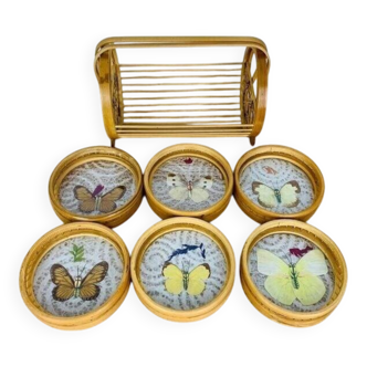 6 rattan coasters, butterflies, with basket