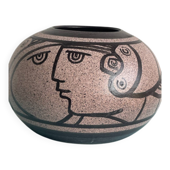 Vase visage stylisé signé Pierre Tornel – céramique moderniste – France XXe
