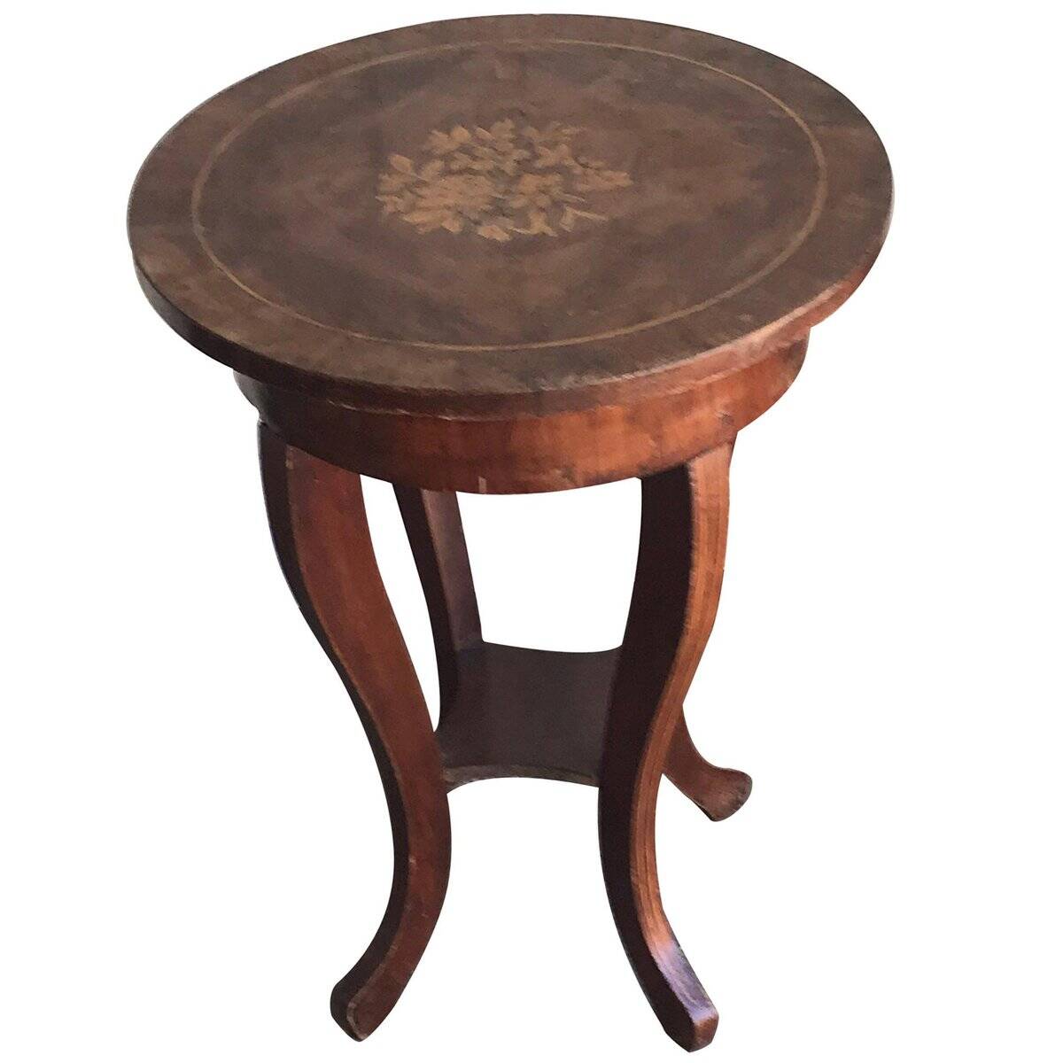 Baroque side table in brown walnut, round inlaid top, circa 1890.
