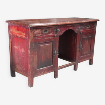 Bureau ancien rouge vieux teck patine et piece d'origine inde