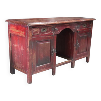 Bureau ancien rouge vieux teck patine et piece d'origine inde