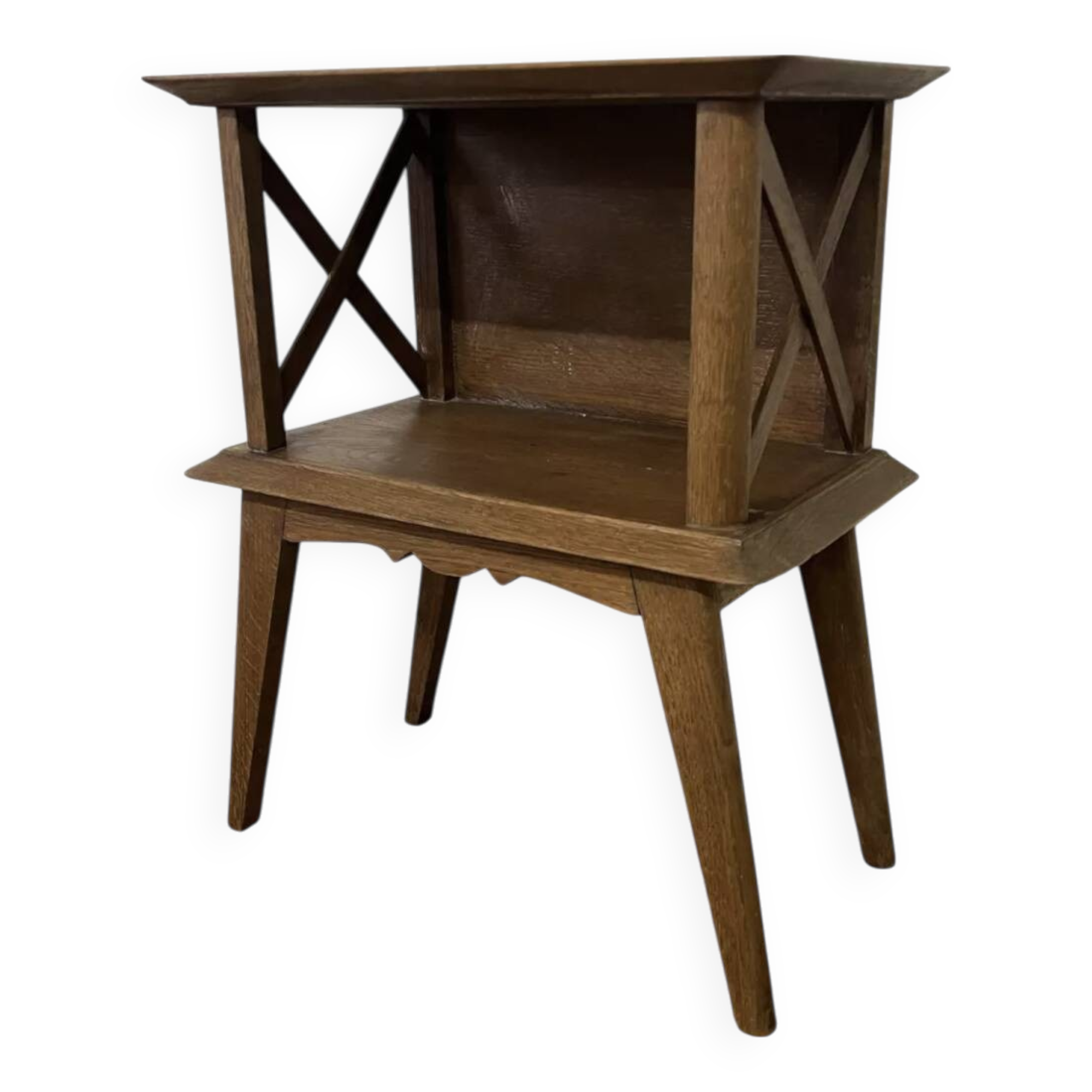 Bedside table with crossbars, vintage compass legs