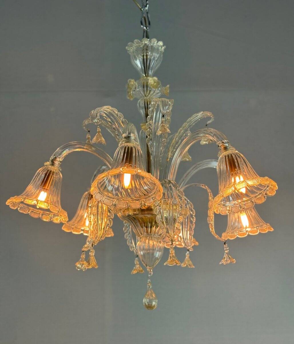 Lustre Vénitien 6 feux en verre de Murano doré