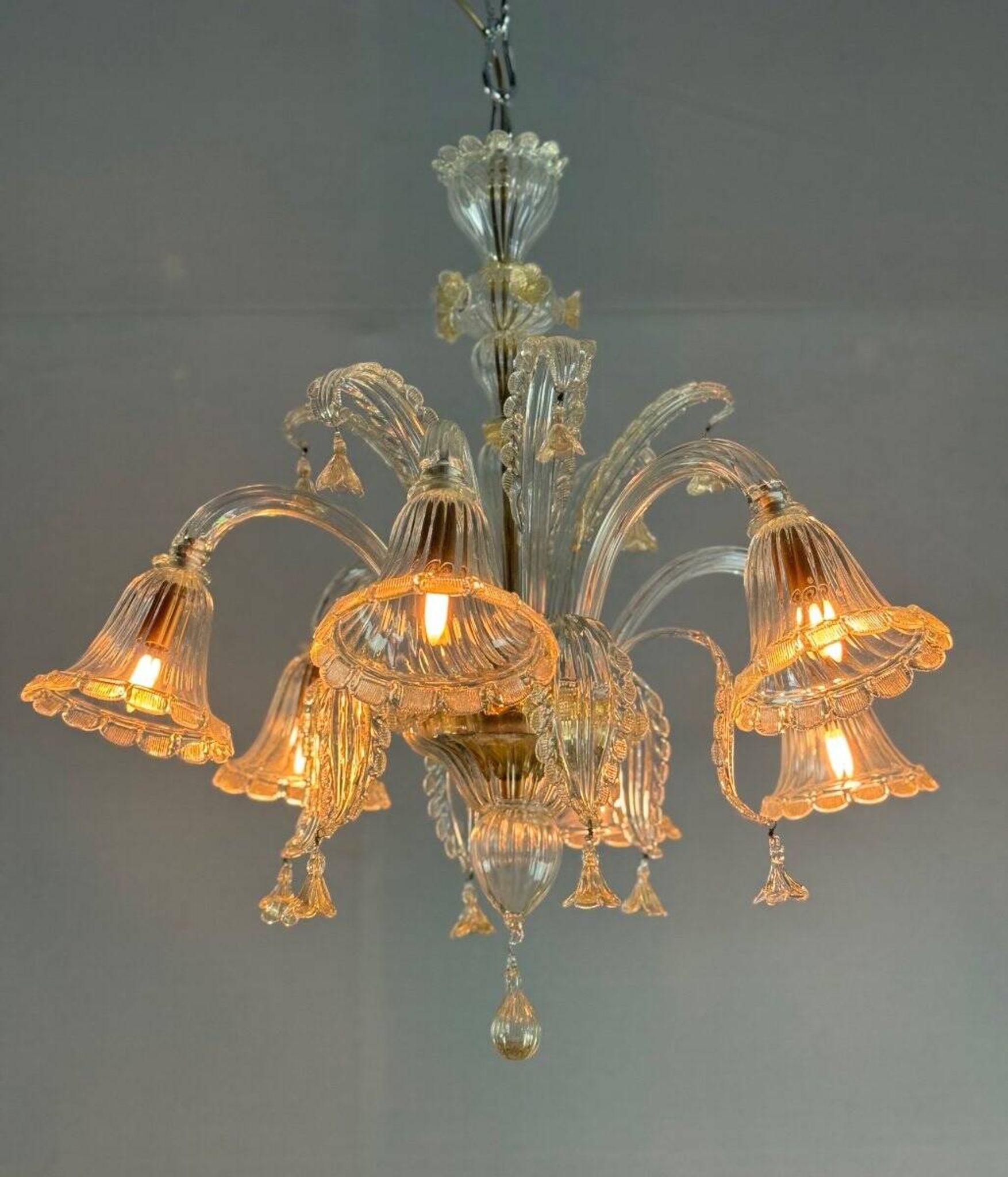 Venetian Chandelier In Golden Murano Glass, 6 Arms Of Light