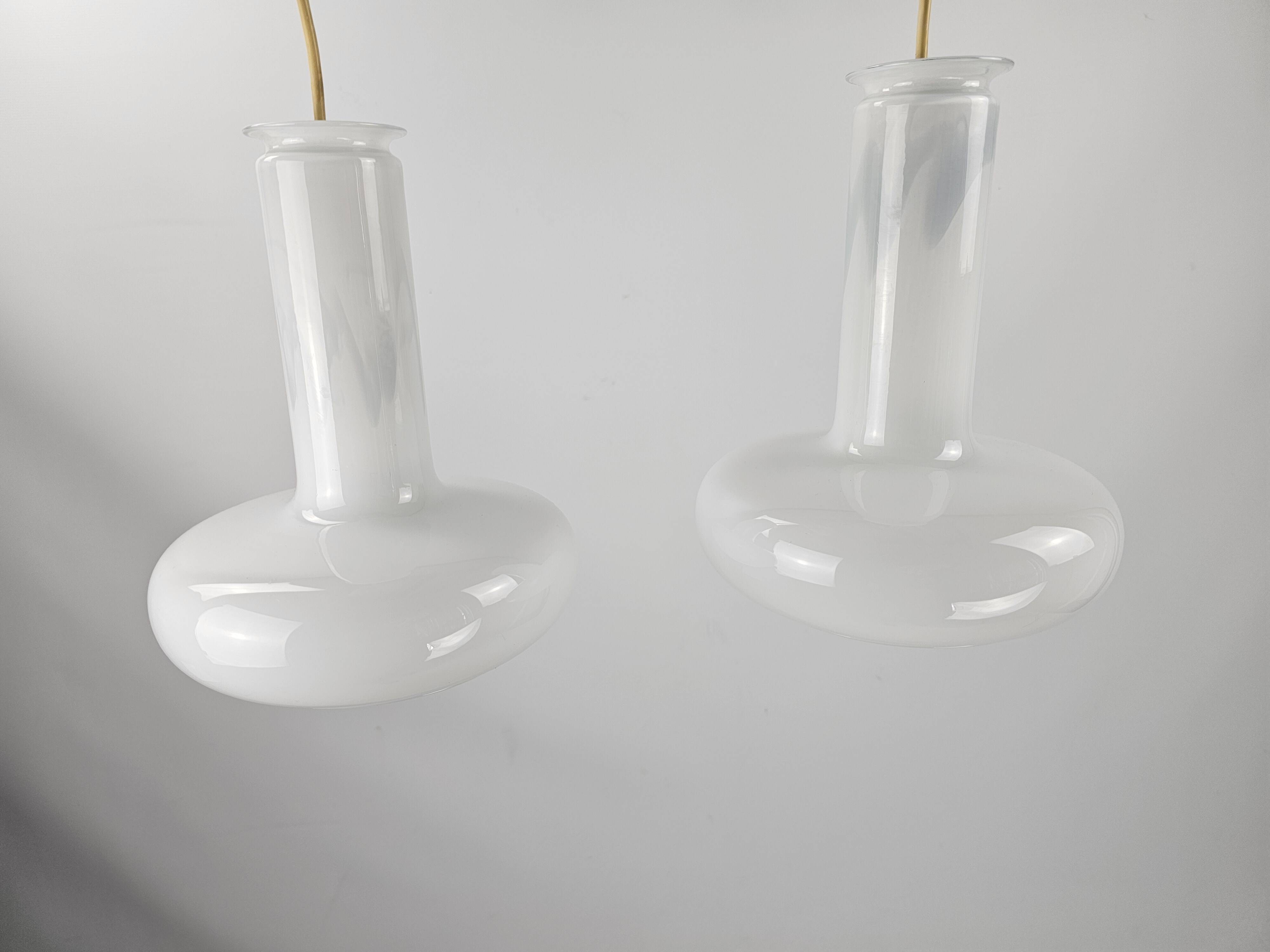 Pair of vintage Danish "Blues" opal glass pendant lamps by Sidse Werner for Holmegaaard, 1980s