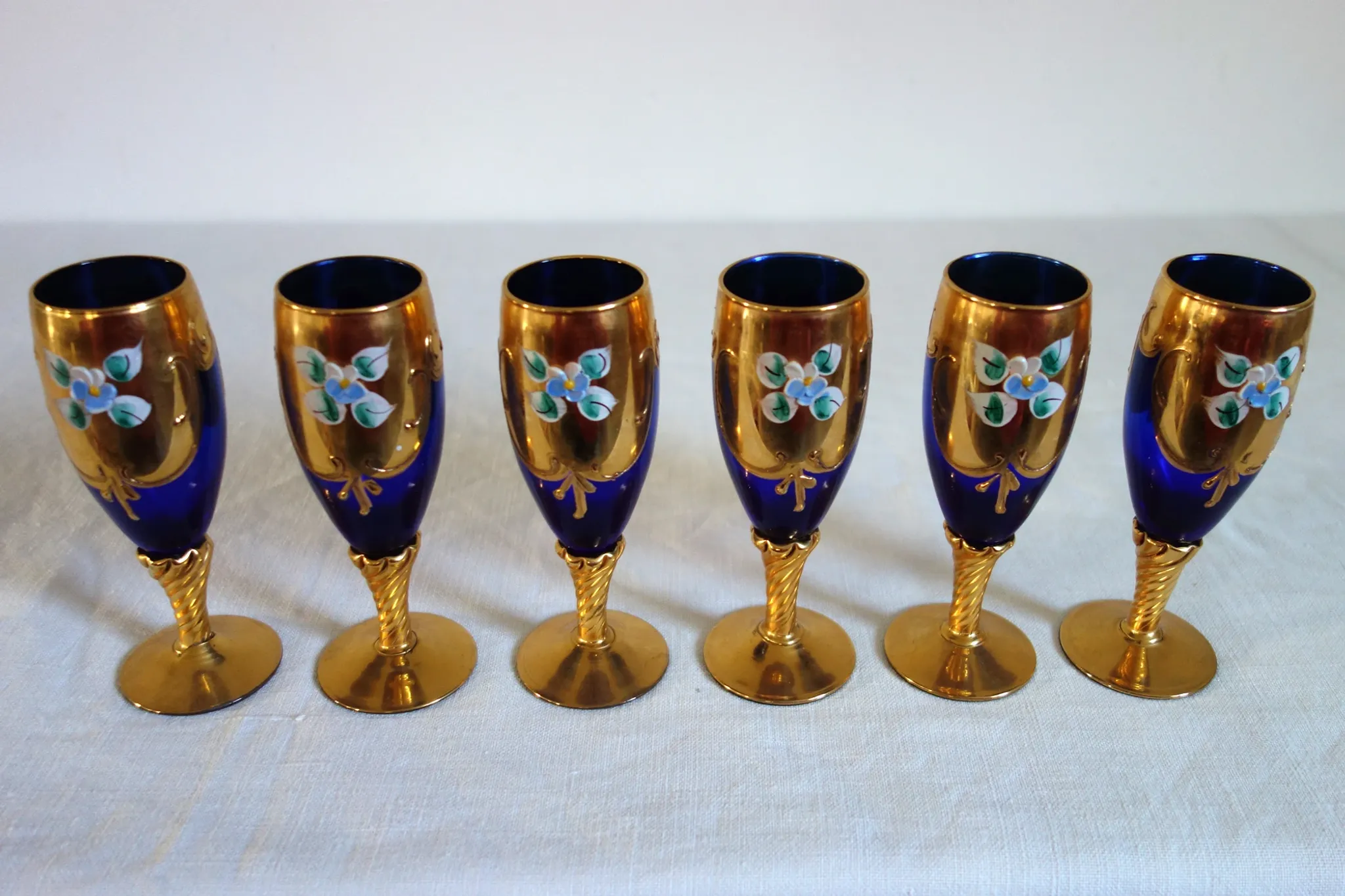 6 vintage cobalt blue and gold Murano aperitif glasses