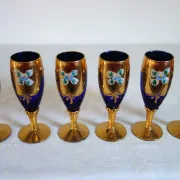 6 vintage cobalt blue and gold Murano aperitif glasses