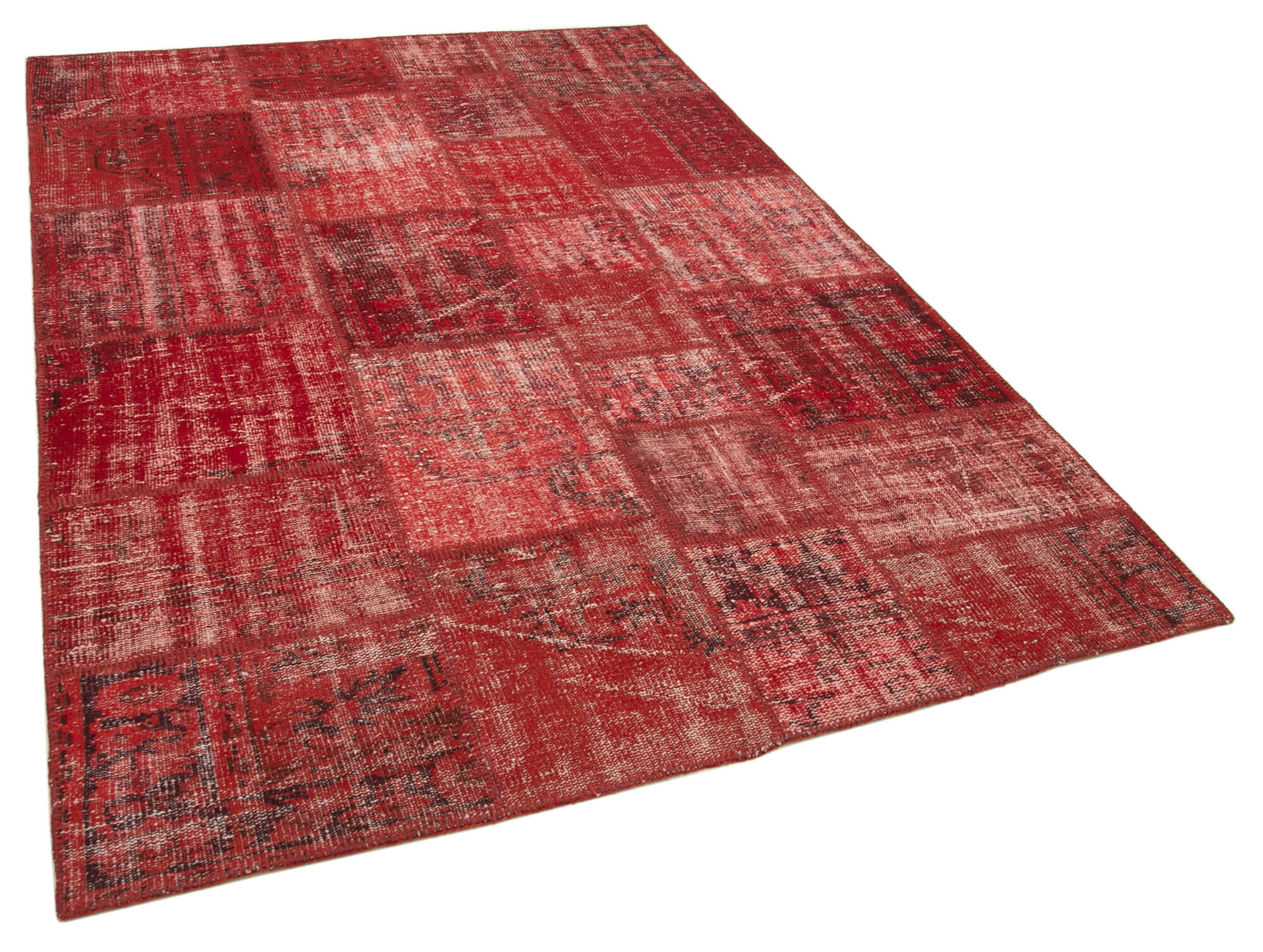 Hand-knotted oriental overdyed 177 cm x 248 cm red patchwork rug