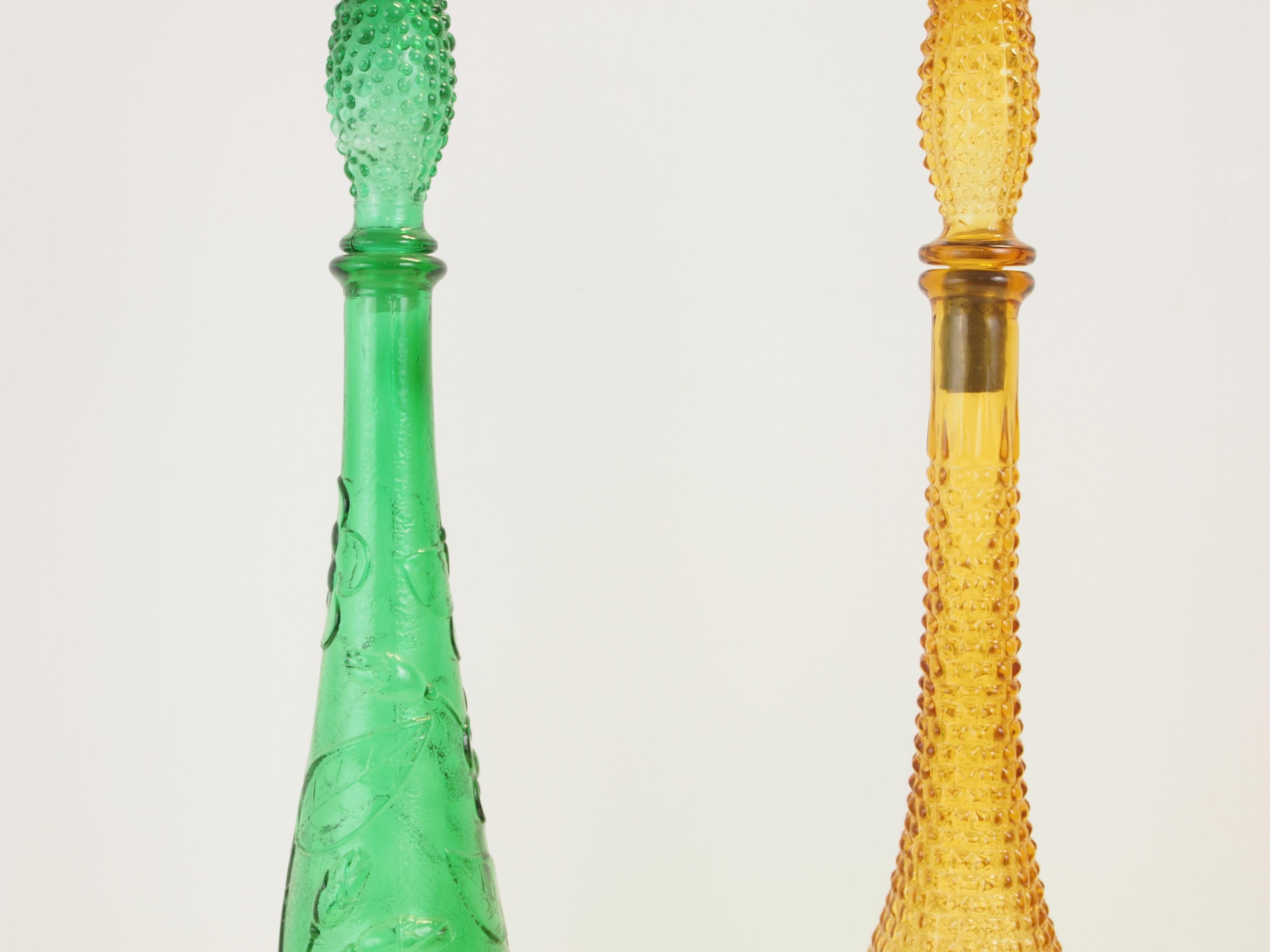 Pair of 2 Italian vintage mid century "Empoli" glass jugs/decanters