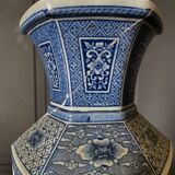 Pair of Japanese hexagonal blue background vases with cut sides DEC 739