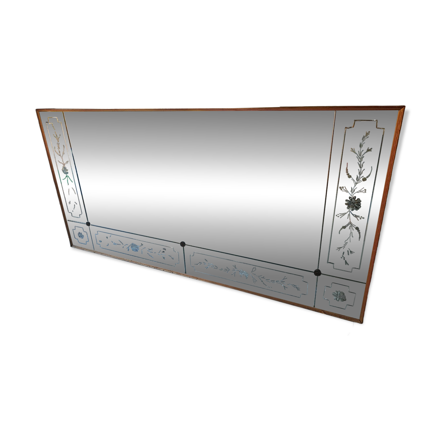 Immense miroir vénitien – 202 cm – verre gravé & biseauté – bois doré