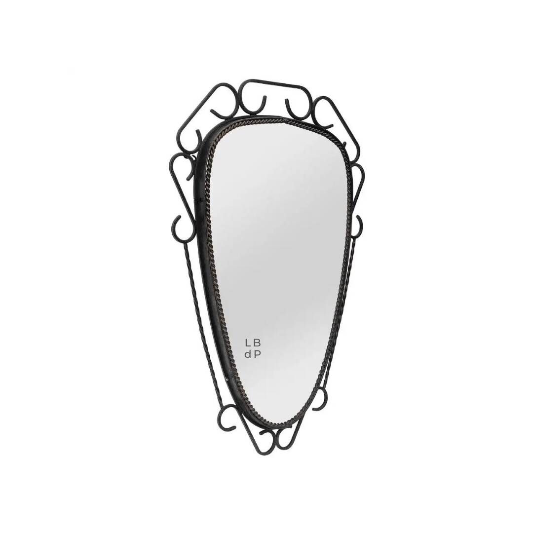 Mid-century modern iron mirror, brutalist, vintage organic, thick sixties.