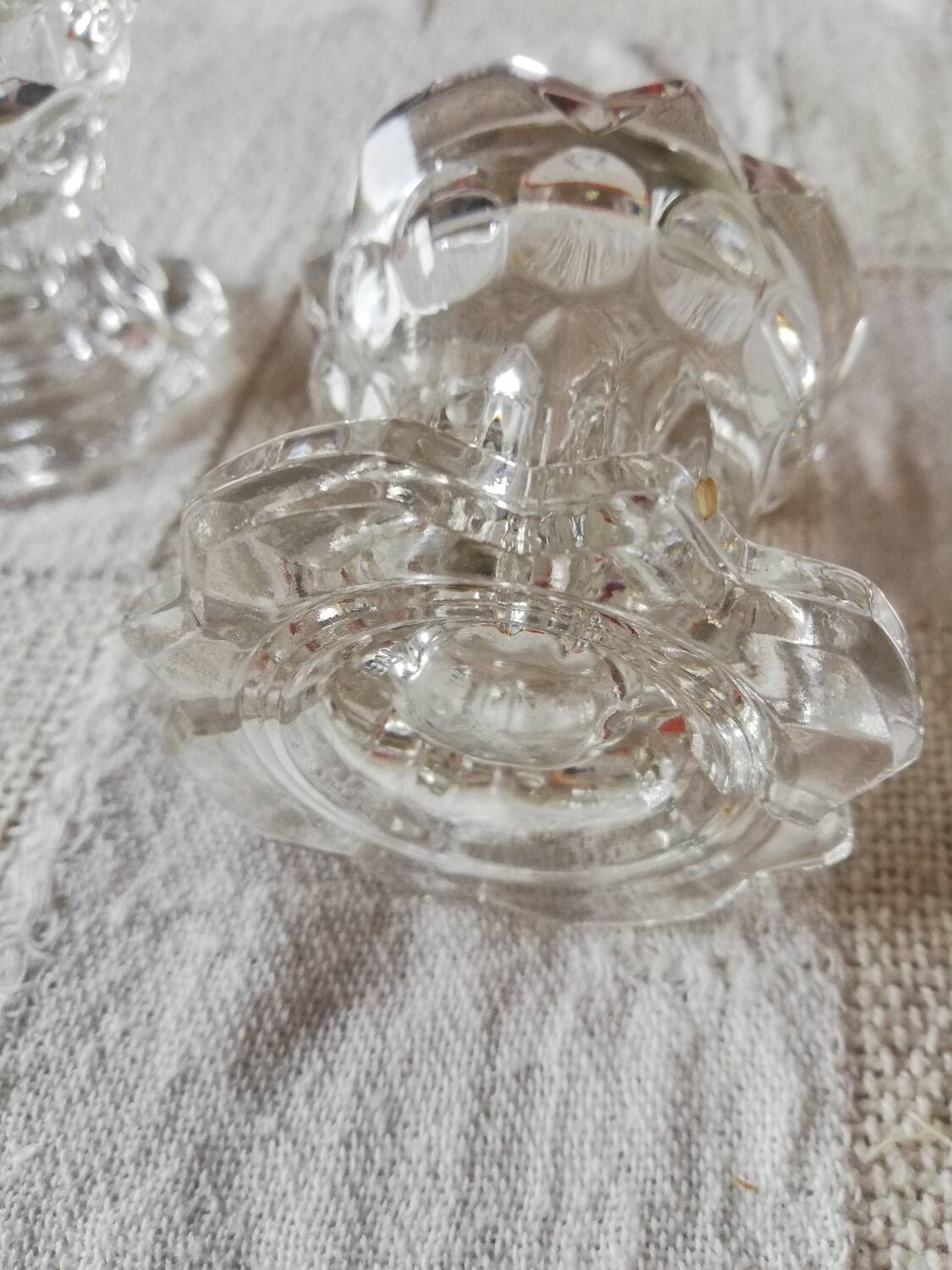 Set of two vintage glass candlesticks, transparent, France, Reims.