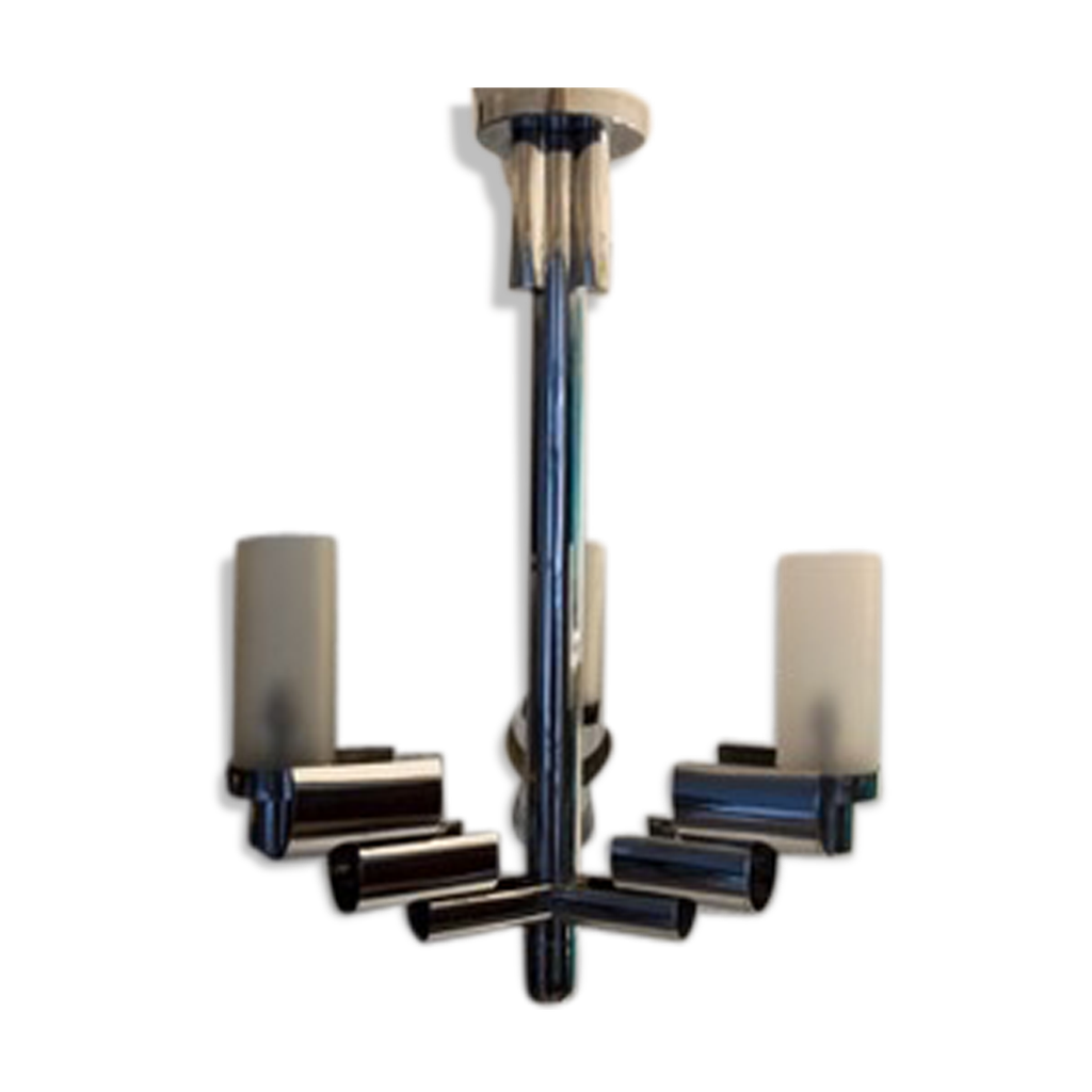 Lustre Moderniste / Art Déco Des Années 1930/40 Par EZAN - En Cuivre Et Verre, à Culot à Baïonnette