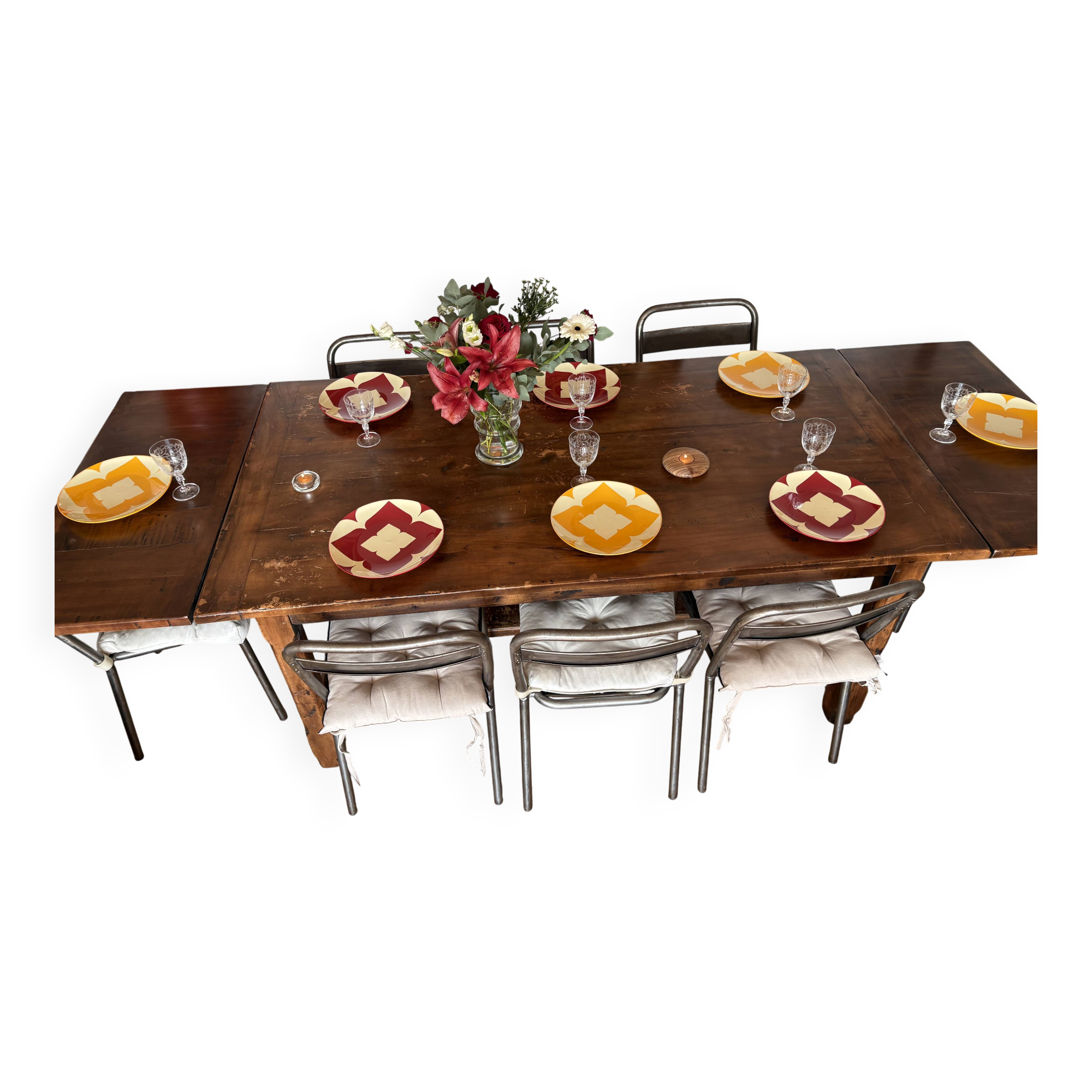 Solid cherry farmhouse table + 8 metal chairs - 2 extensions