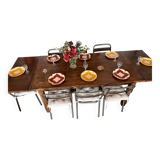 Solid cherry farmhouse table + 8 metal chairs - 2 extensions