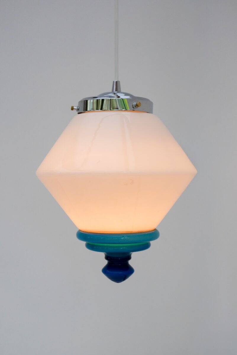 Scandinavian Art Deco milk glass pendant light with azure blue details, 1930s