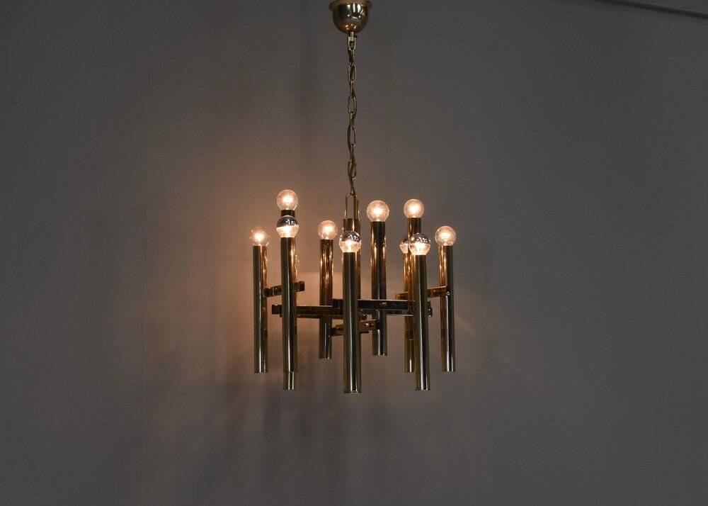 Italian brass chandelier 12 spot pendant lamp by Gaetano Sciolari, 1970s
