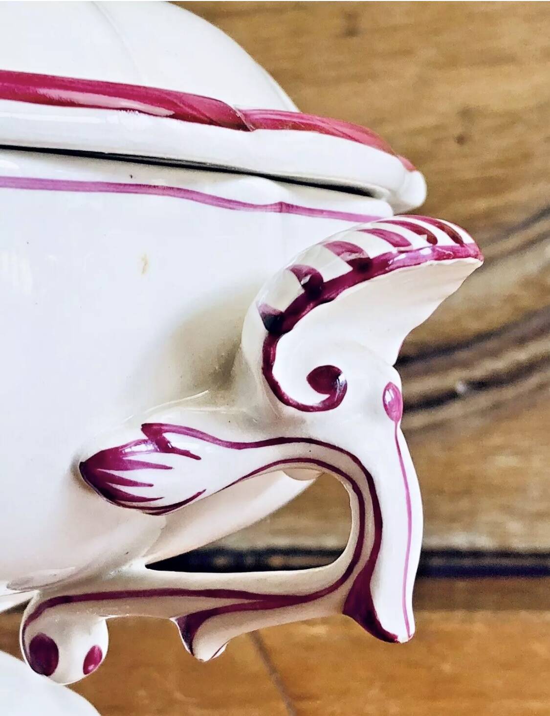 Old small Gien earthenware vegetable soup tureen, pink landscape model