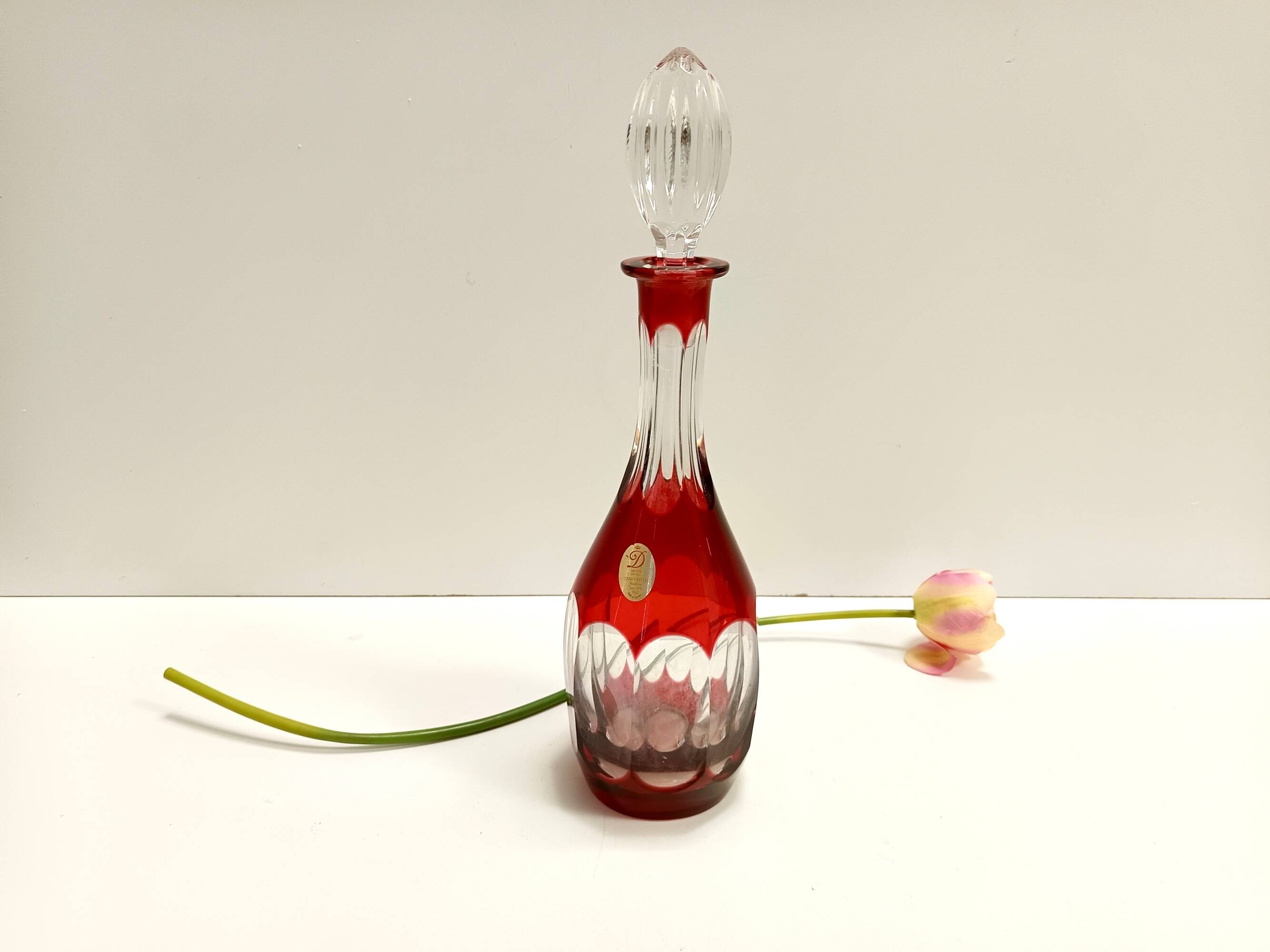 Bohemian Transparent and Red Crystal Decanter Bottle by Dresden Crystal, Germany