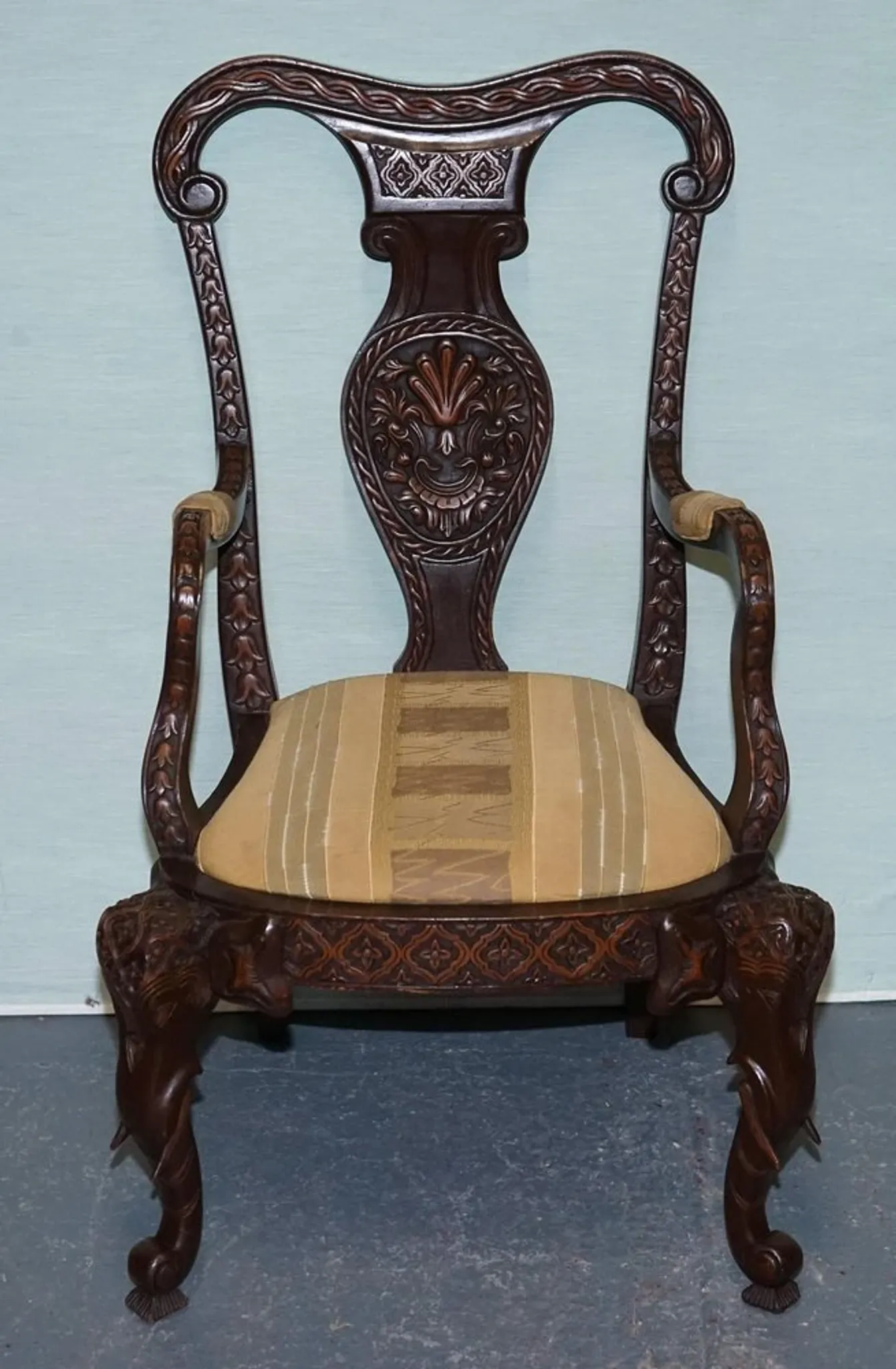 Heavily Carved Anglo-Indian Wooden Armchair