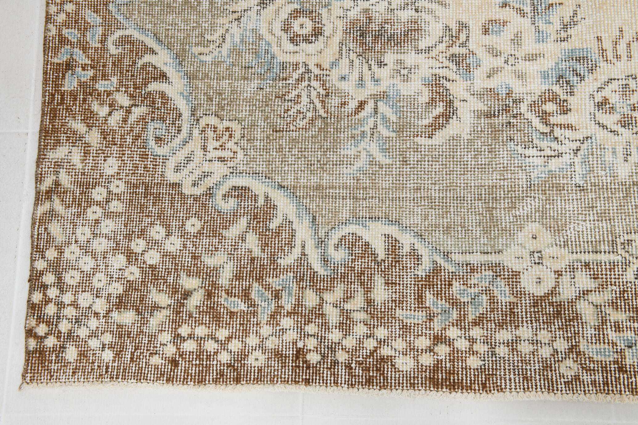 Handmade beige & brown floral  vintage rug